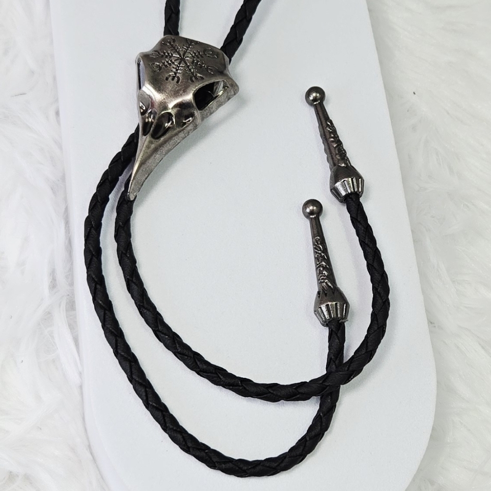 Raven Skull Bolo Tie Viking Helm of Awe Norse Gothic Western Y Necklace Black